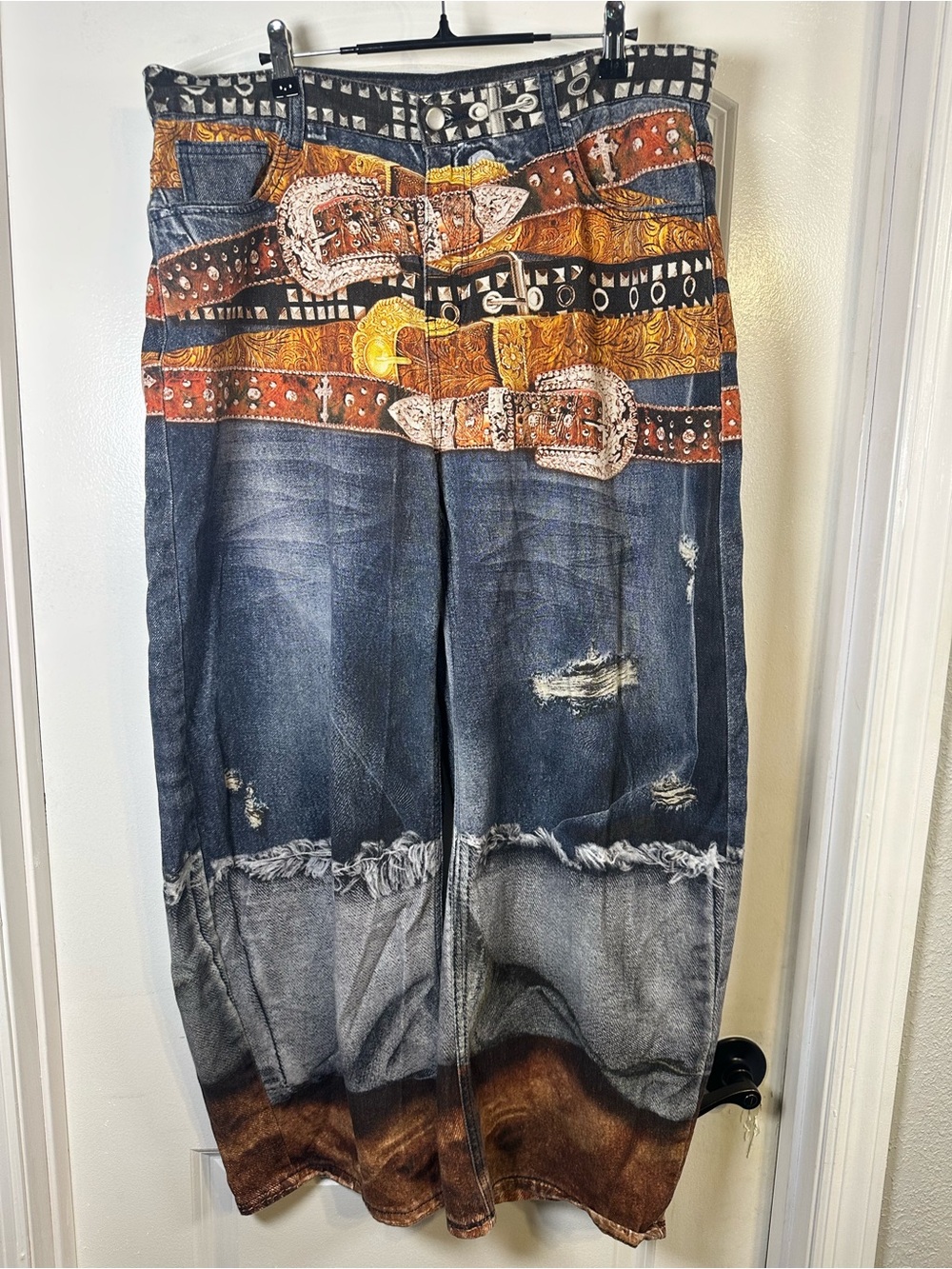 ROMWE XL Multi-Belt Trompe L'oeil Graphic Jeans – Y2K Grunge Wide Leg Baggy Fit